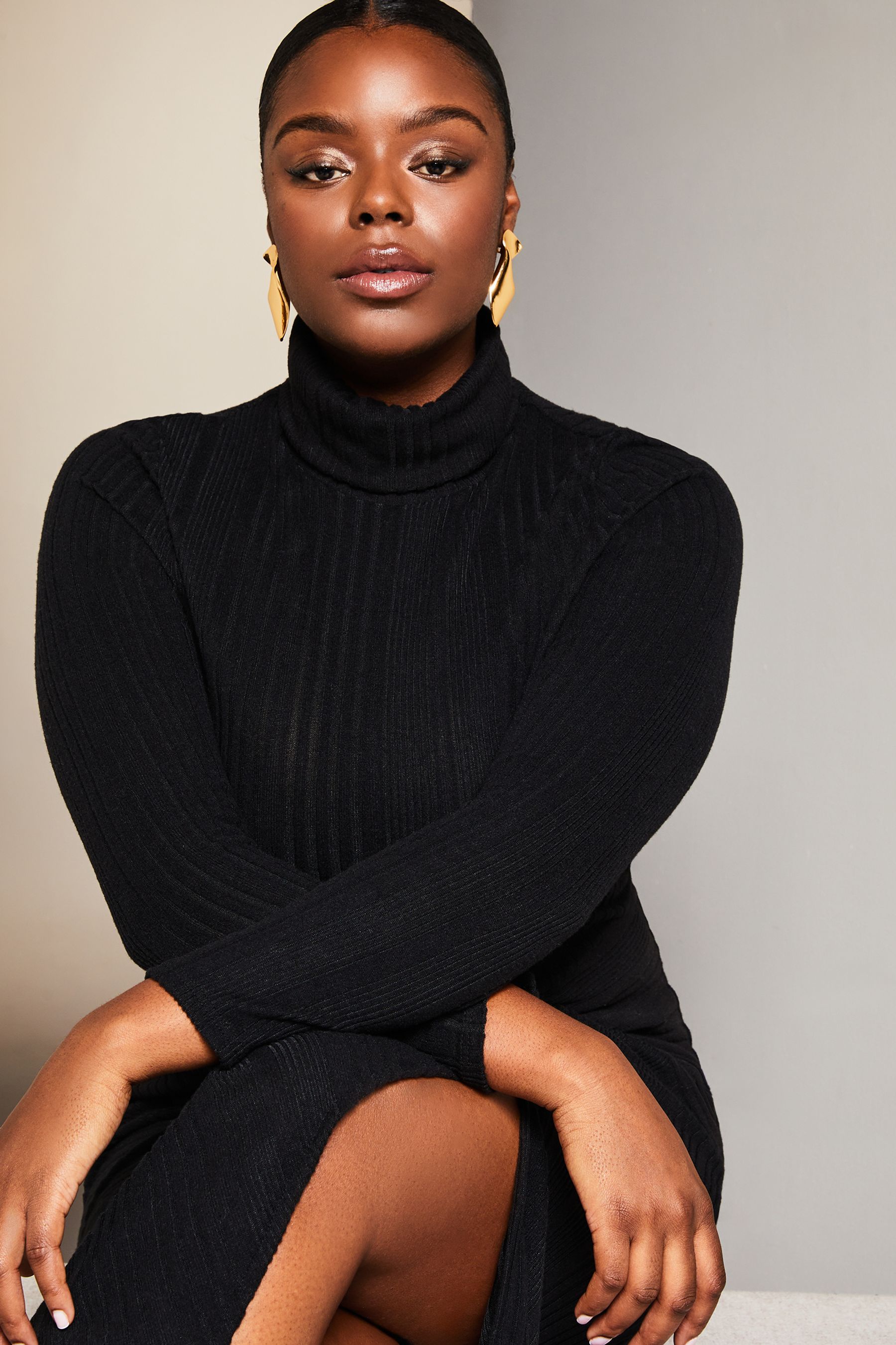 Buy Lipsy Black Curve High Neck Ruched Detail Midi Jumper Dress