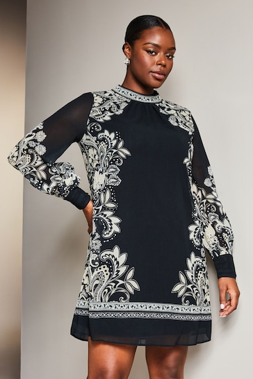 Lipsy Black/White Curve Placement Printed Long Sleeve Shift Dress