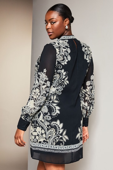 Lipsy Black/White Curve Placement Printed Long Sleeve Shift Dress