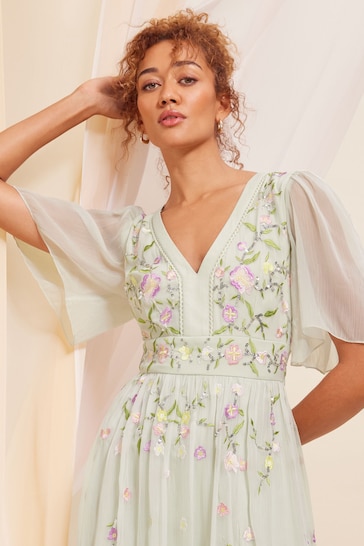 Love & Roses Green Embellished Chiffon Flutter Sleeve Maxi Dress