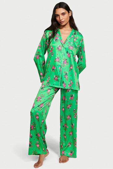Victoria's Secret Glimmer Green Floral Satin Long Pyjamas