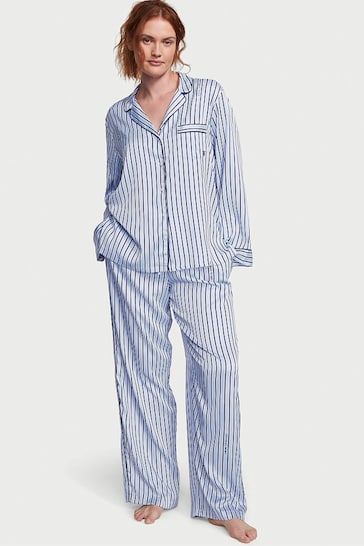 Victoria's Secret Blue Crescent Logo Stripe Satin Long Pyjamas