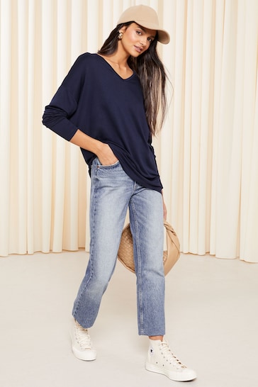 Friends Like These Navy Blue Blue Soft Jersey V Neck Long Sleeve Tunic Top