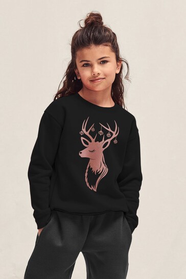 Black Reindeer and Bauble Antlers Kids Sweatshirt by Lipsy