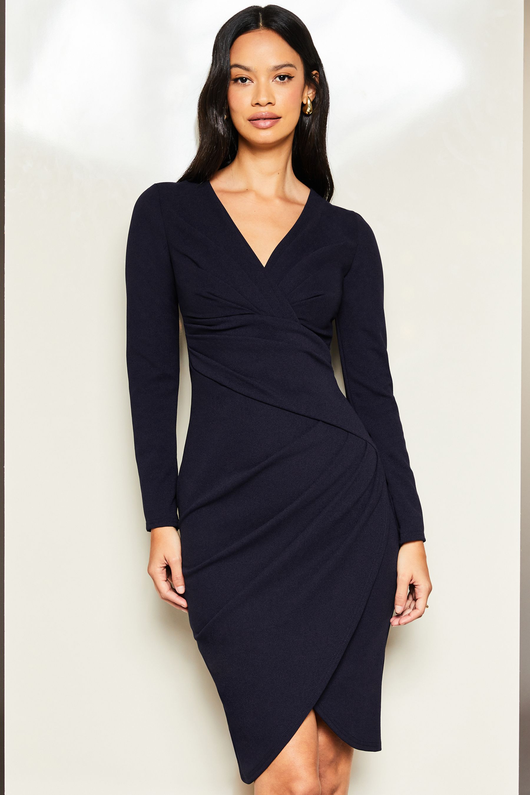 Buy Lipsy Navy Blue Long Sleeve Wrap Gathered Waist Midi Dress