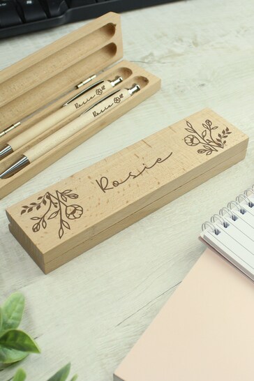 Personalised Floral Wooden Pen & Pencil Box Set by PMC