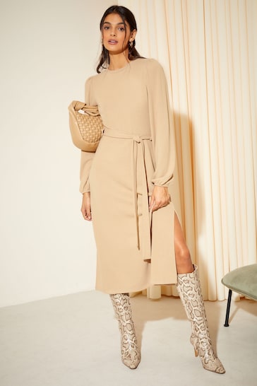 Friends Like These Camel Soft Touch Knitted Belted Midi Dress
