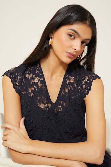 Friends Like These Navy Blue V Neck Pleated Lace Midi Dress