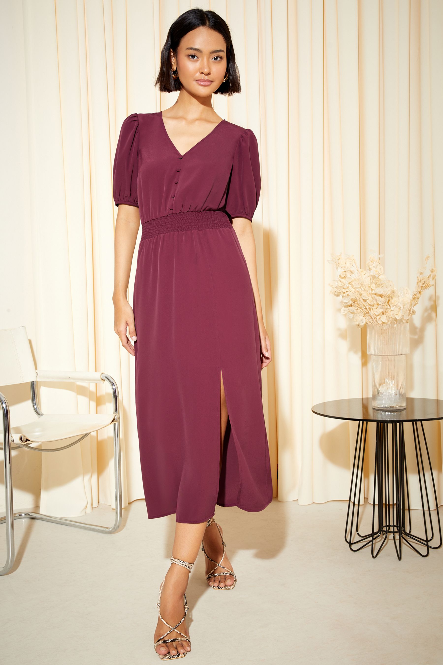 Friends Like These Berry Red Puff Sleeve Ruched Waist V Neck Midi Summer Dress