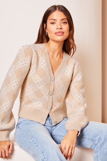 Lipsy Pink Check Long Sleeve Brushed Cropped Cardigan