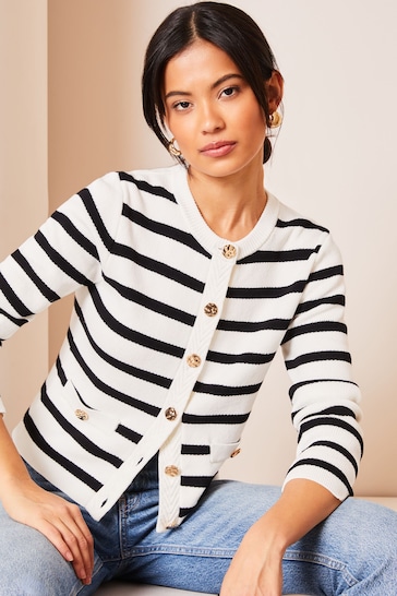Lipsy Ivory White and Black Knitted Stripe Button Through Cardigan