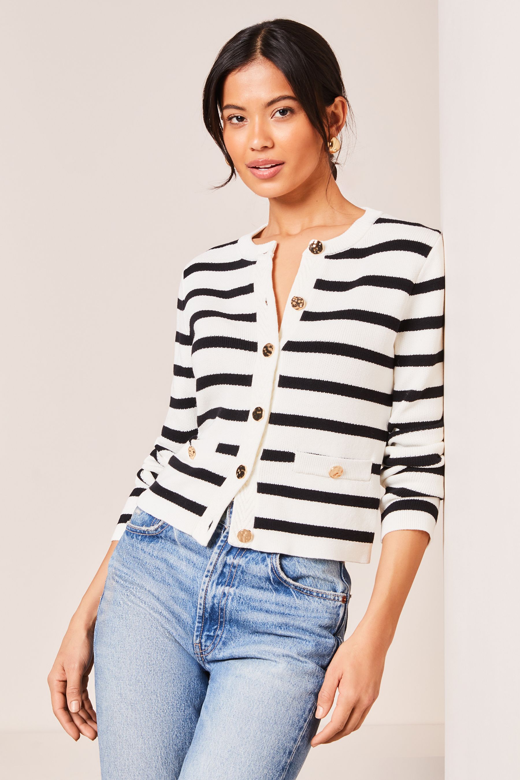 Buy Lipsy Ivory White and Black Knitted Stripe Button Through