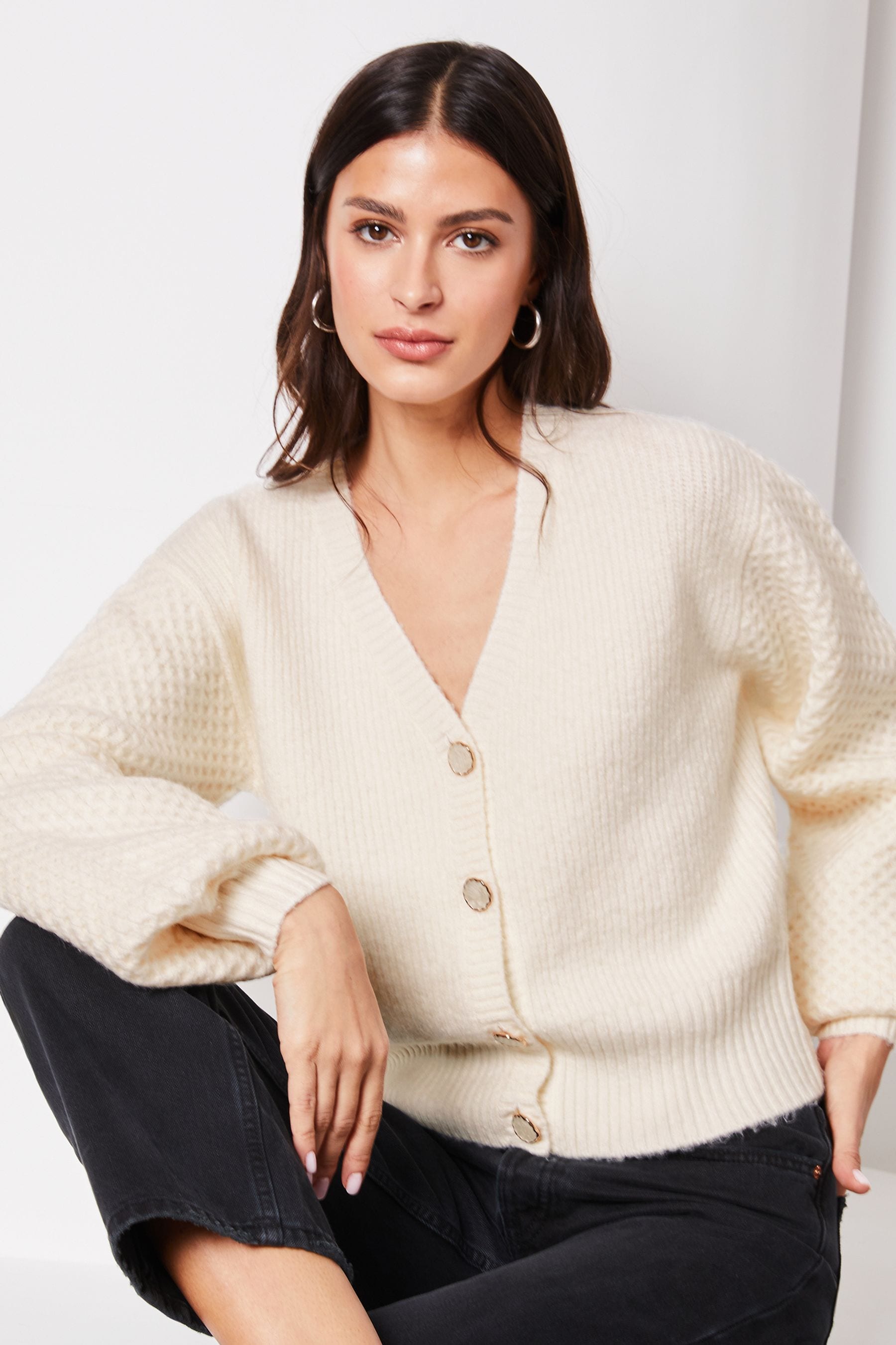Buy Lipsy Ivory White Long Puff Sleeve Knitted Cardigan from the