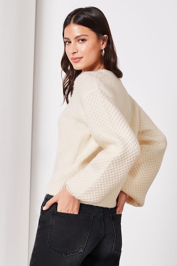 Lipsy Ivory White Long Puff Sleeve Knitted Cardigan