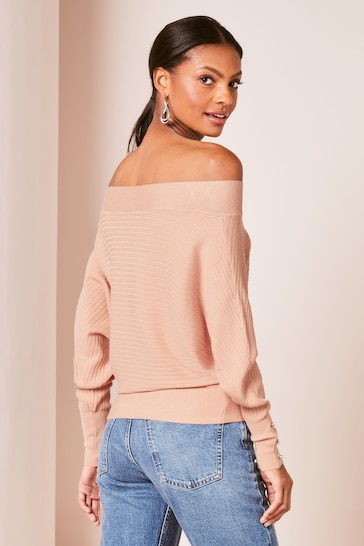 Lipsy Pale Pink Long Sleeve Knitted Off The Shoulder Jumper