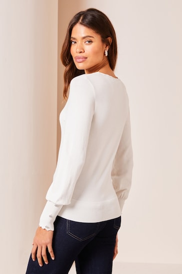 Lipsy Ivory White Long Sleeve Scallop Detail Knitted Jumper