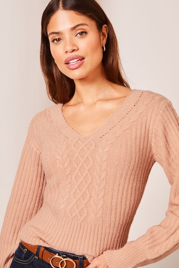 Lipsy Pale Pink Petite V Neck Cable Knitted Jumper