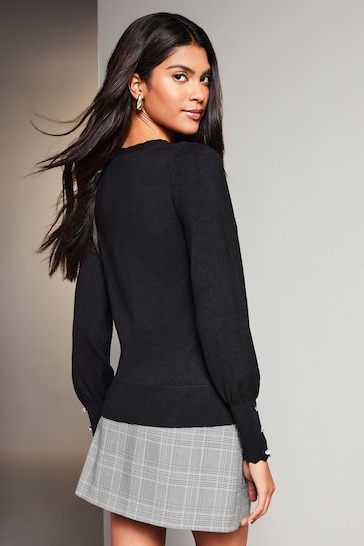 Lipsy Black Petite Long Sleeve Scallop Detail Knitted Jumper