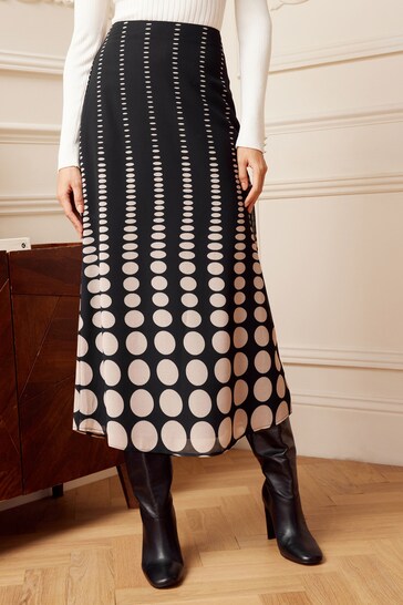 Love & Roses Black/White Polka Dot Printed Column Midi Skirt