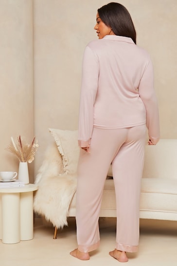 Lipsy Pale Pink Curve Jersey Long Sleeve Shirt And Trousers Pyjamas