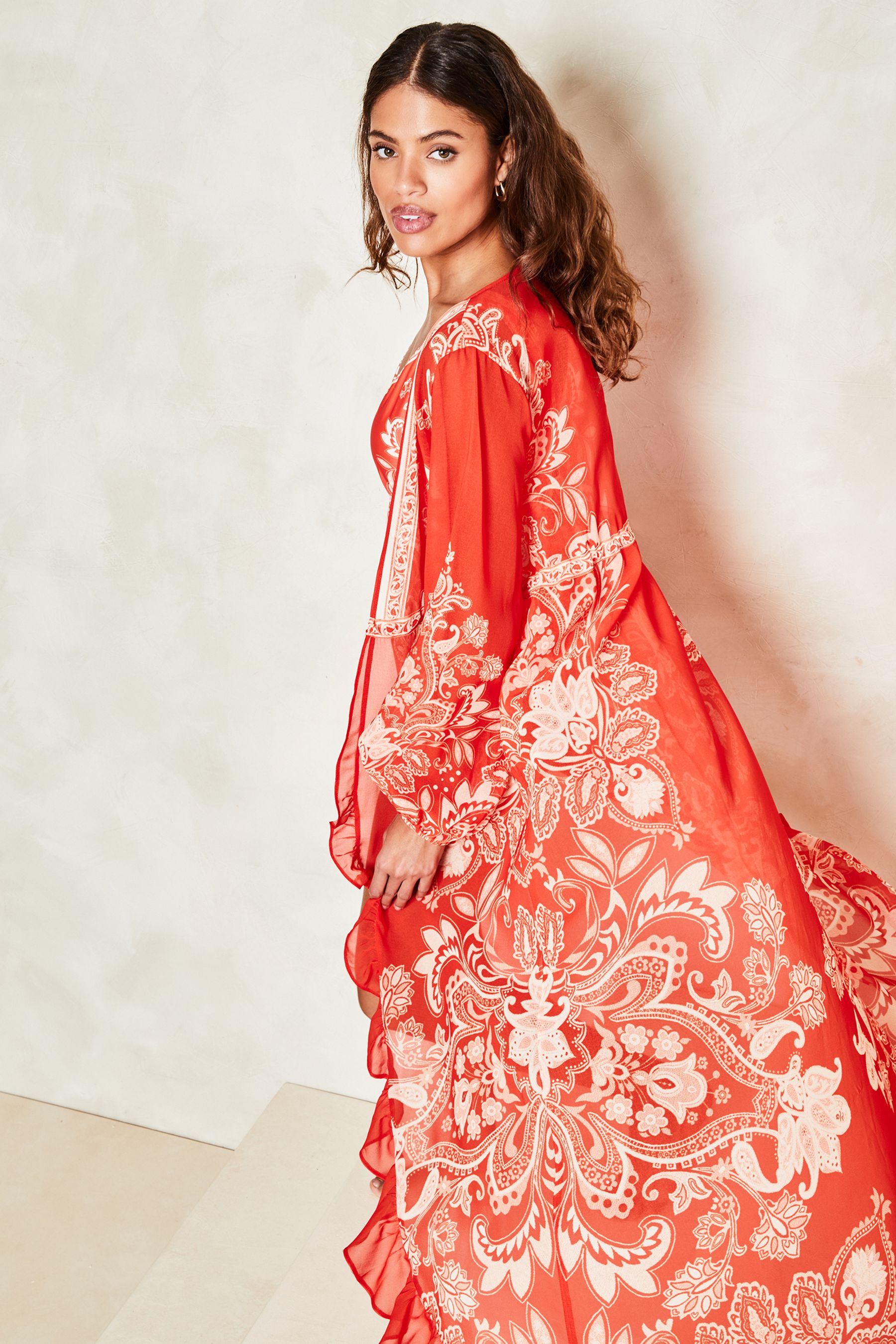 Lipsy Red Printed Long Sleeve Belted Kimono Cover Up