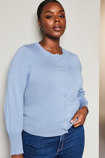 Lipsy Chambray Blue Curve Scallop Detail Crew Neck Button Through Cardigan