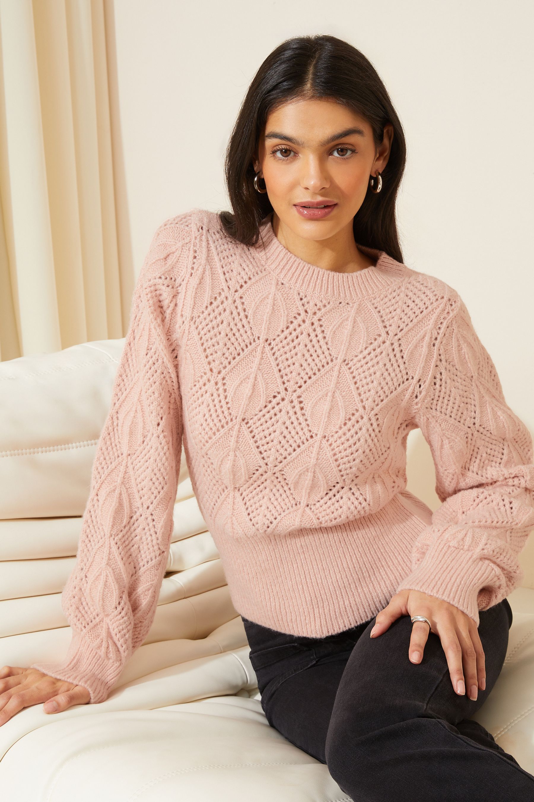 Buy Friends Like These Blush Pink Pointelle Stitch Cosy Knit Jumper