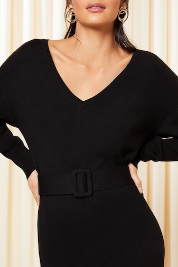 Friends Like These Black Petite V Neck Belted knitted Dress