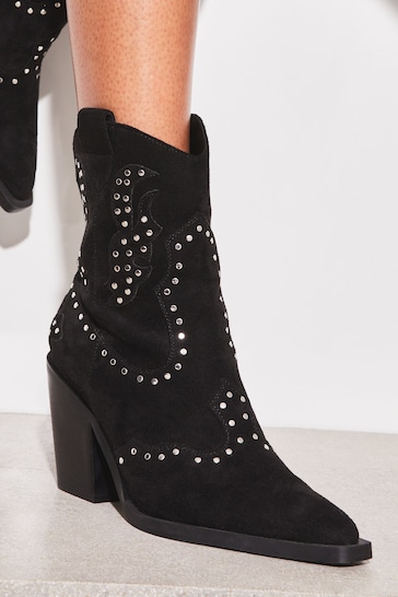 Lipsy Black Mid Heeled Zip Up Studded Western Ankle Boot
