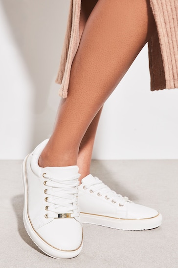 Lipsy White Wide Fit Metal Lace Up Trainers