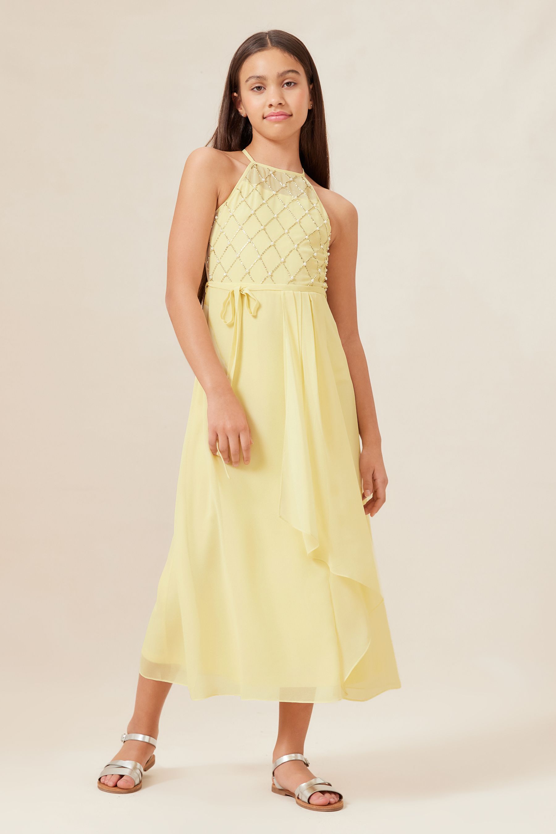 Lipsy Lemon Yellow Strap Maxi Pearl Occasion Dress 7 16yrs