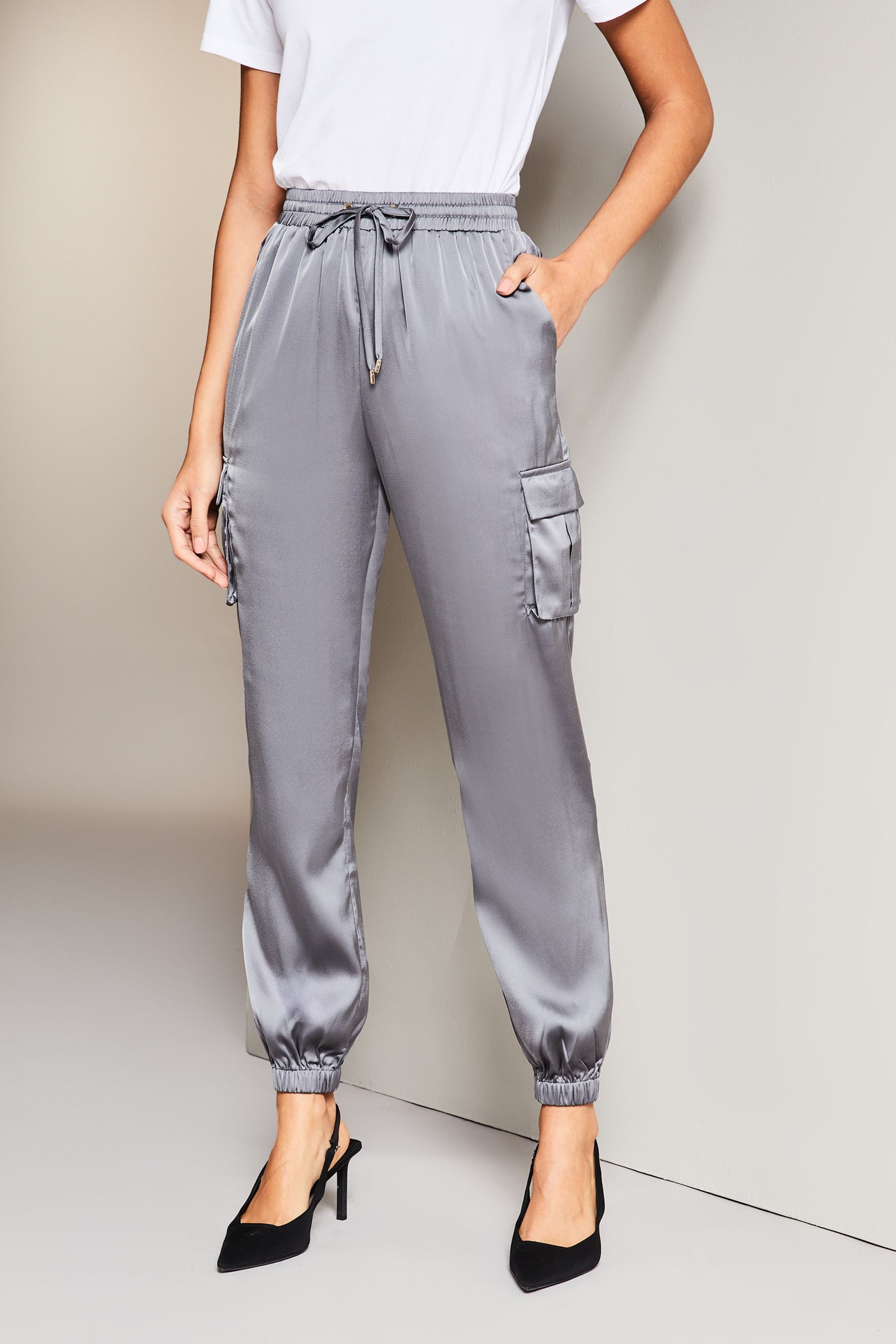Buy Lipsy Grey Satin Cargo Pocket Cuffed Jogger from the Next UK