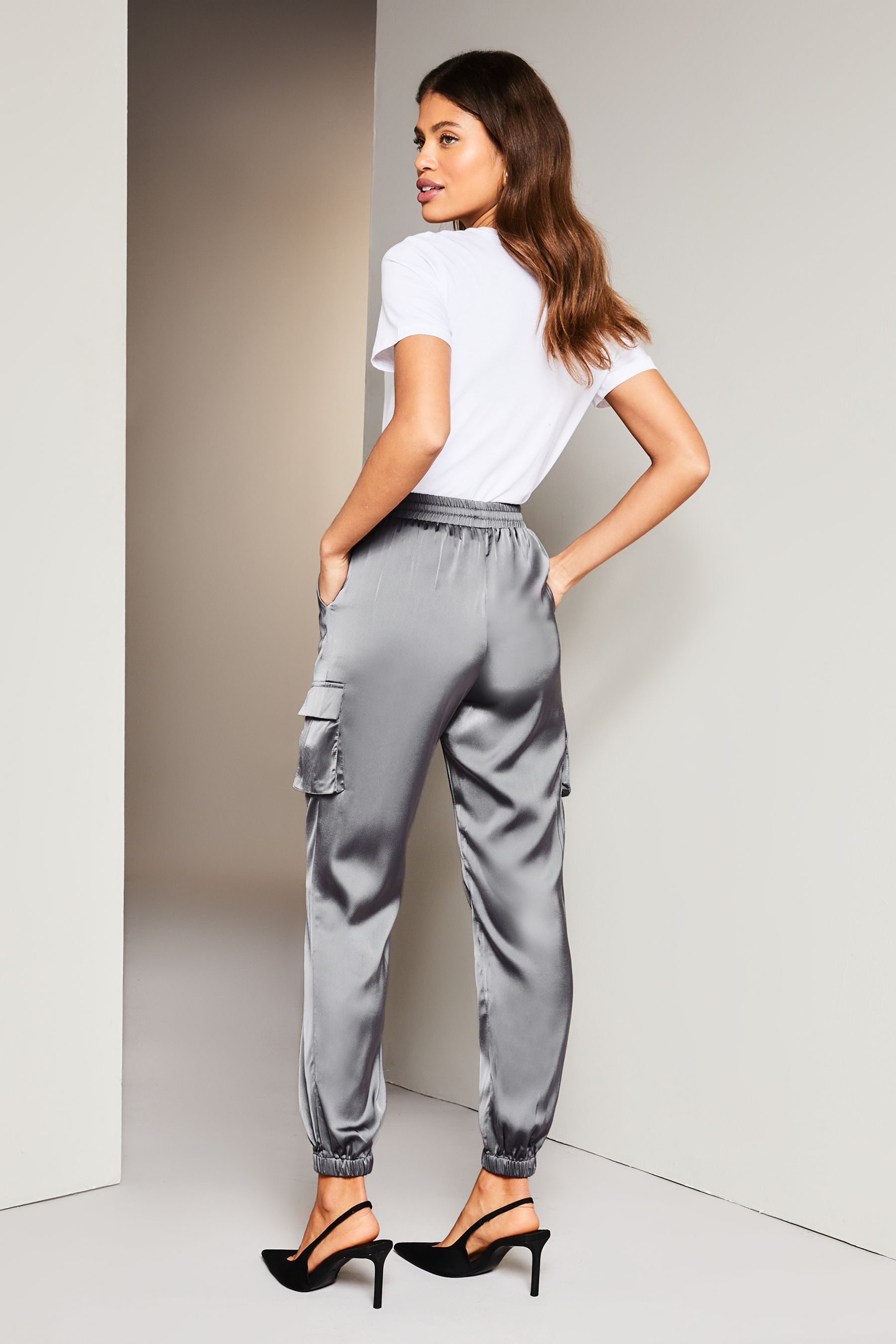 Lipsy Grey Satin Cargo Pocket Cuffed Jogger