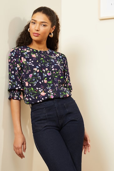 Love & Roses Navy Petite Printed Lace Trim Flute Sleeve Blouse