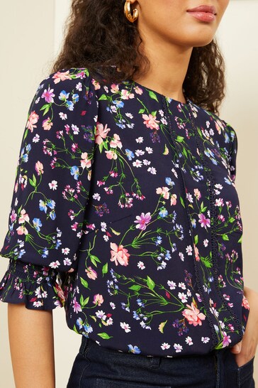 Love & Roses Navy Petite Printed Lace Trim Flute Sleeve Blouse