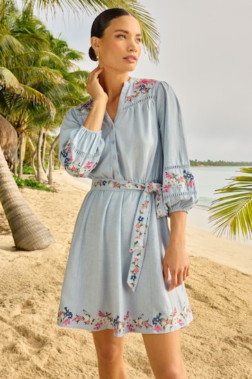 V&A | Love & Roses Blue Embroidery Linen Blend V Neck Lace Trim Belted Mini Dress
