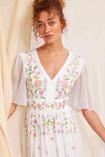 Love & Roses Ivory White Embellished Chiffon Flutter Sleeve Maxi Dress