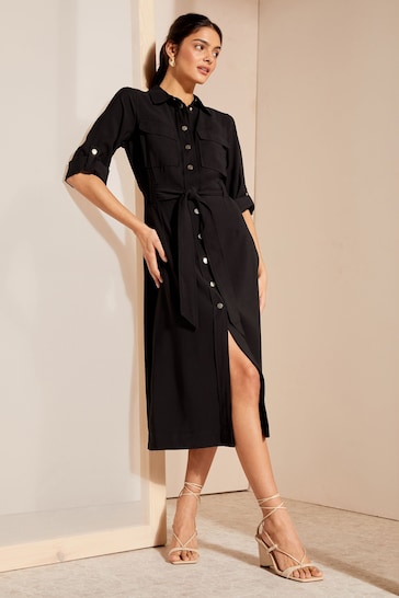 Friends Like These Black Petite Roll Sleeve Utility Tailored Dress