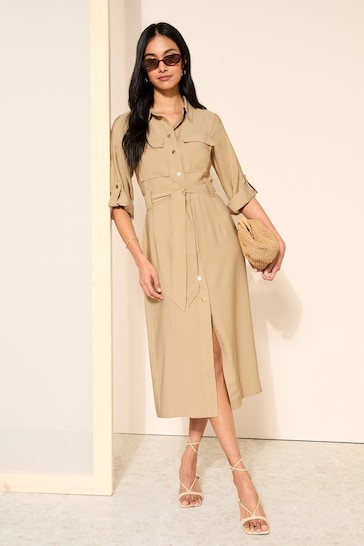 Friends Like These Cream Roll Sleeve Utility Tailored Dress