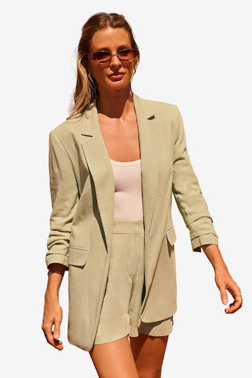 Friends Like These Green Petite Ruched Long Sleeve Blazer with Linen