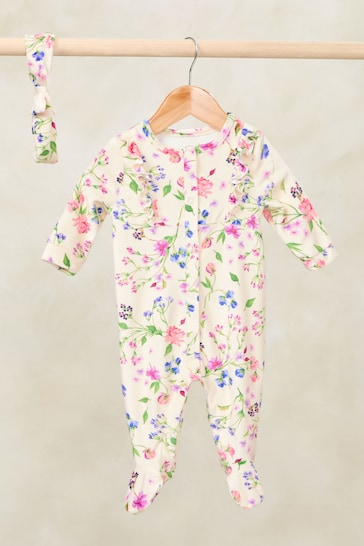 Love & Roses Cream Floral Velour Sleepsuit With Matching Headband (0-2yrs)