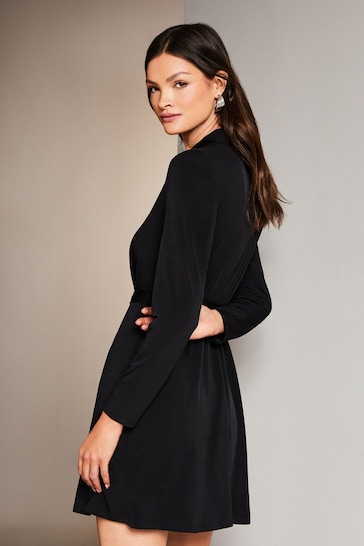 Lipsy Black Long Sleeve Tie Waist Jersey Mini Shirt Dress