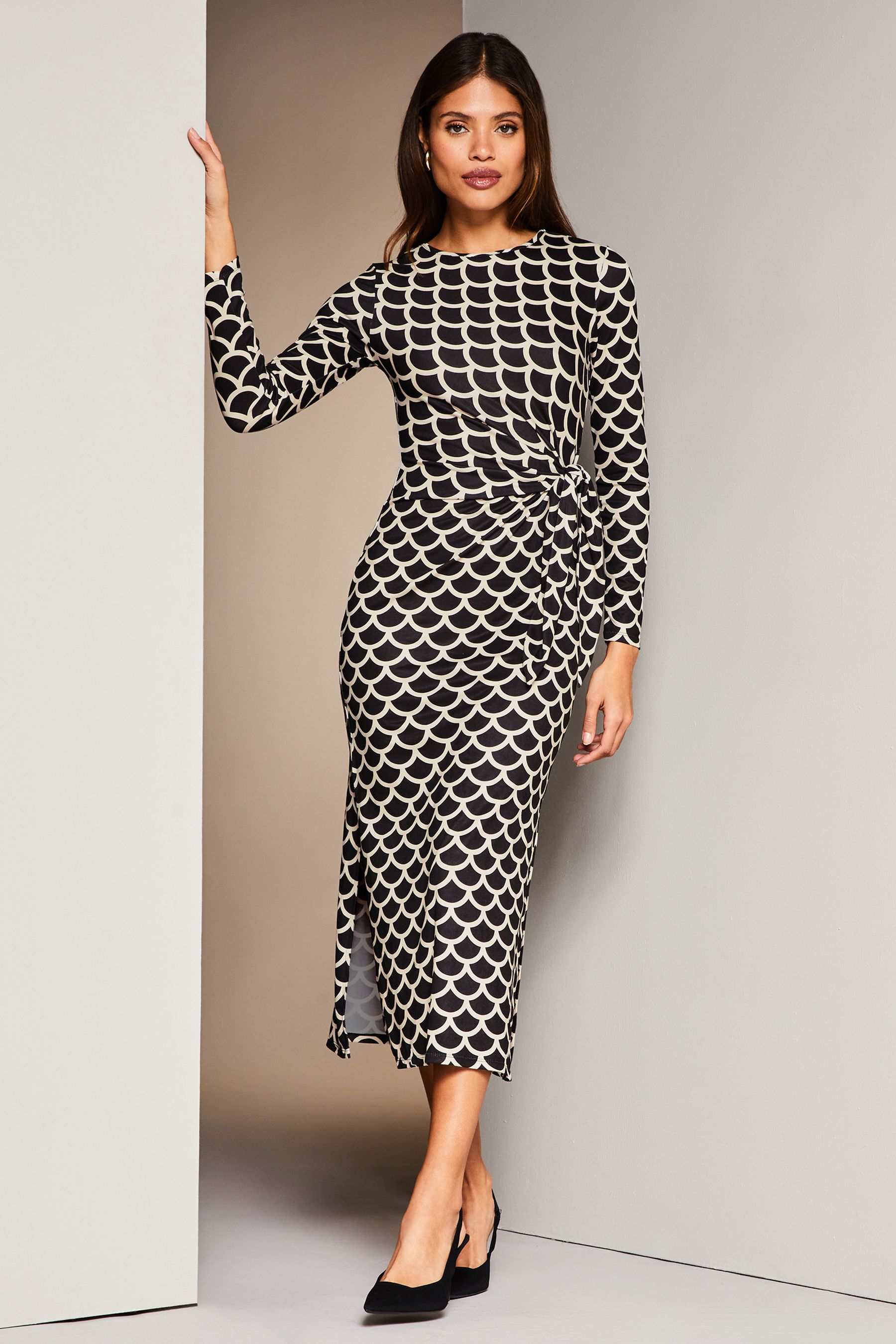 Lipsy Black White Tie Side Long Sleeve Column Midi Dress