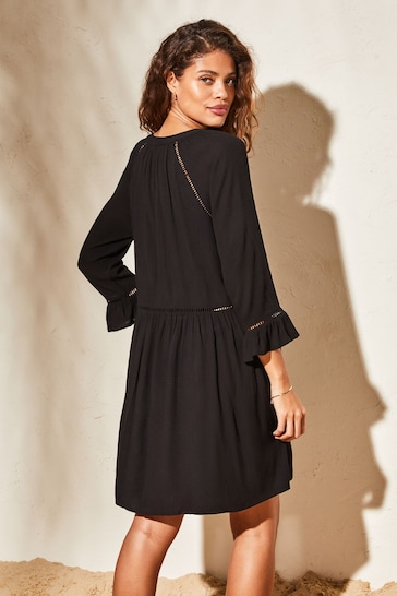 Lipsy Black Long Sleeve V Neck Crinkle Smock Summer Mini Dress