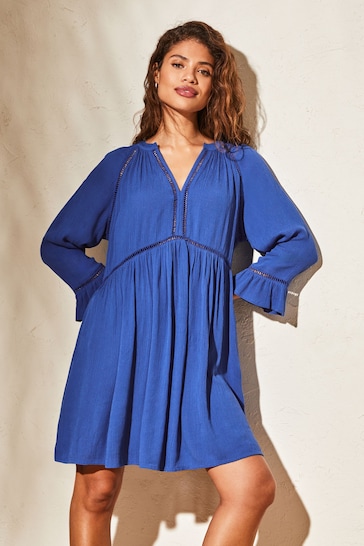 Lipsy Blue Long Sleeve V Neck Crinkle Smock Summer Mini Dress
