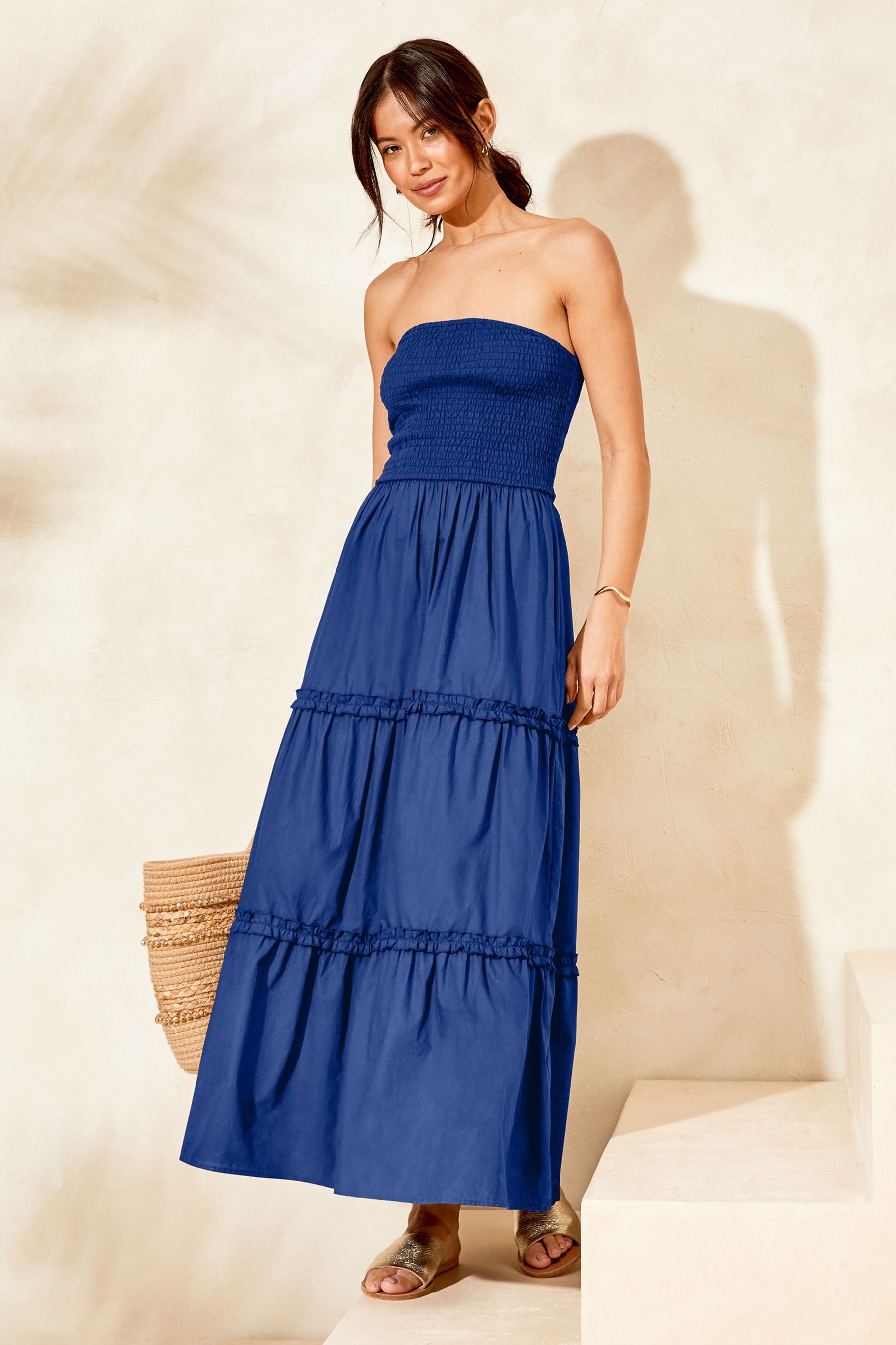 Lipsy Blue Shirred Bandeau Strapless Maxi Dress