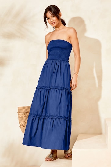 Lipsy Blue Shirred Bandeau Strapless Maxi Dress