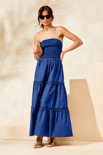 Lipsy Blue Shirred Bandeau Strapless Hybrid Summer Maxi Dress