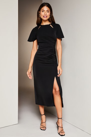 Lipsy Black Ruched Button Front Sleeved Midi Dress