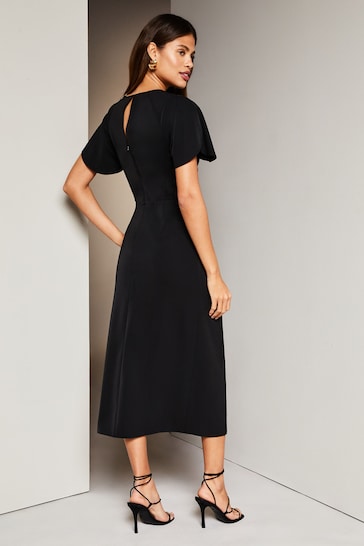 Lipsy Black Ruched Button Front Sleeved Midi Dress